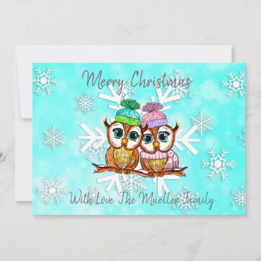 Schattigee grillige Waterverf kerst uilen Feestdagenkaart (Voorkant)