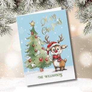 Schattigee grillige Waterverf rendier kerstboom Kaart