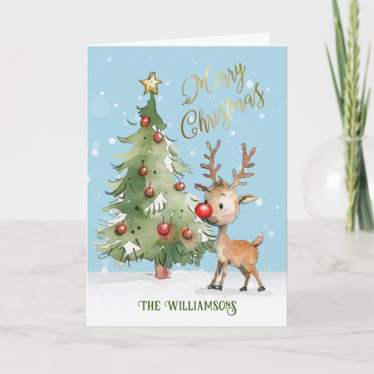 Schattigee grillige Waterverf rendier kerstboom Kaart (Voorkant)