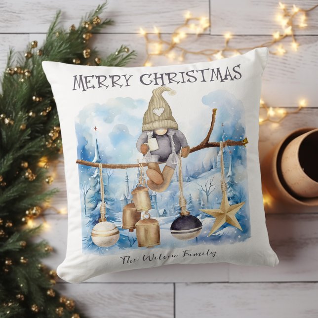 Schattigee grillige winterdame kabouter vrolijk ke kussen (Cute Whimsical Winter Lady Gnome Merry Christmas Throw Pillow-Unique Design, Watercolor Illustration)