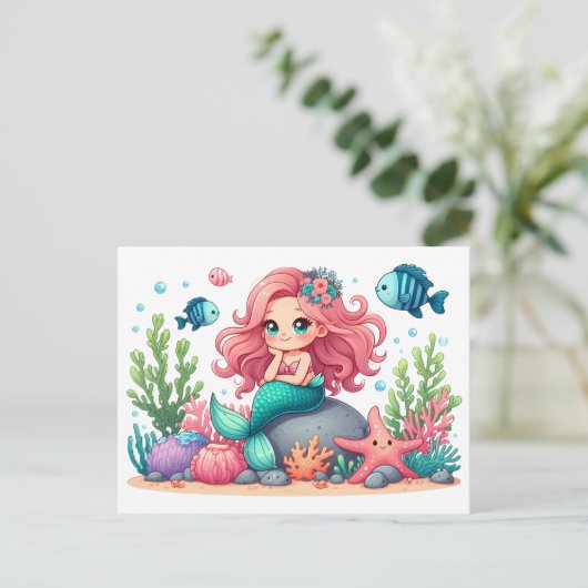 Schattigee grillige zeemeermin en vis vrienden scè briefkaart (Staand voorkant)