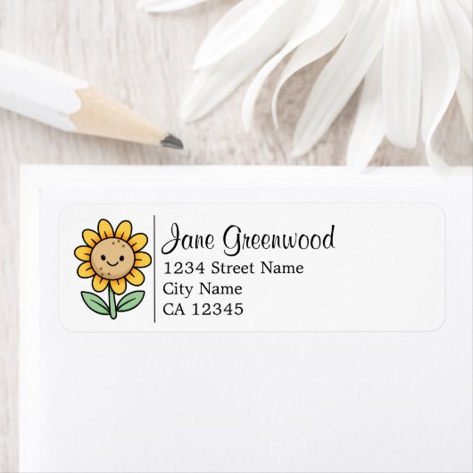 Schattigee grillige zonnebloem naam en adres etiket (Insitu)