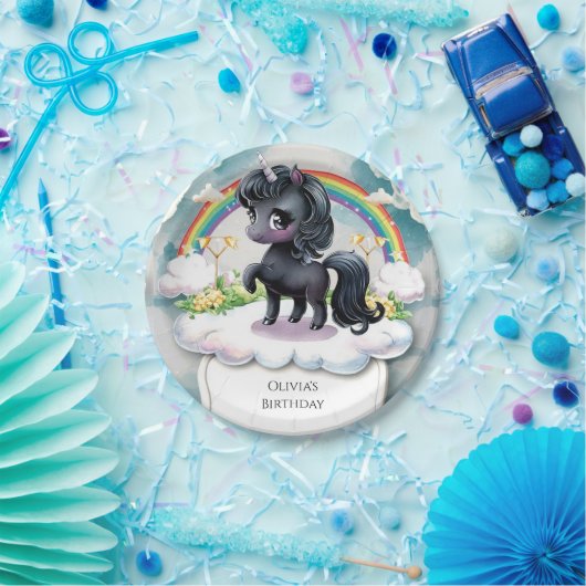 Schattigee grillige zwarte eenhoorn Verjaardag Papieren Bordje (Feest)