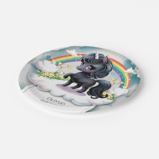 Schattigee grillige zwarte eenhoorn Verjaardag Papieren Bordje (Gekanteld)