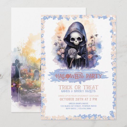 Schattigee Grim Reaper en Flowers Waterverf Kaart (Voorkant / Achterkant)