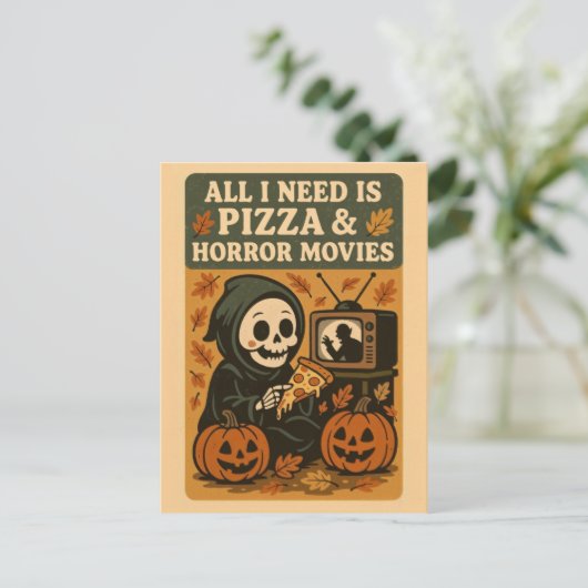 Schattigee Grim Reaper Eten Pizza Grappig Hallowee Briefkaart (Staand voorkant)