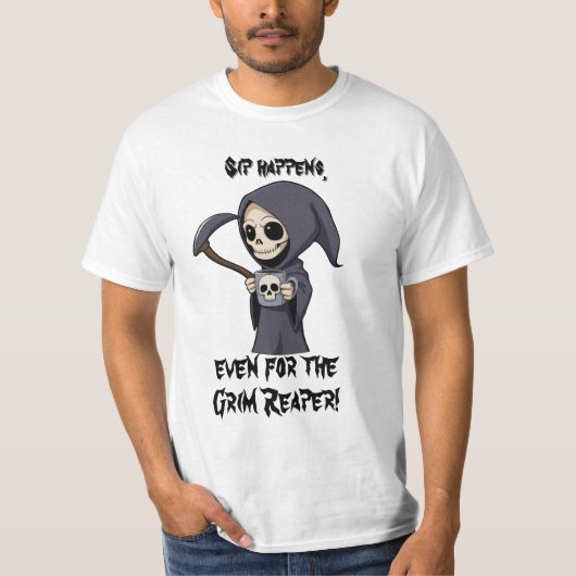 Schattigee Grim Reaper met Skull Mok Cartoon Art T-shirt (Voorkant)