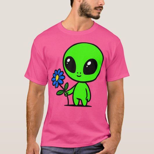 Schattigee groene alien en bloemen t-shirt (Voorkant)