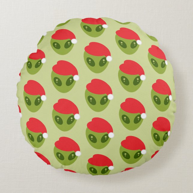 Schattigee groene alien in Santa Hat Pattern Rond Kussen (Voorkant)