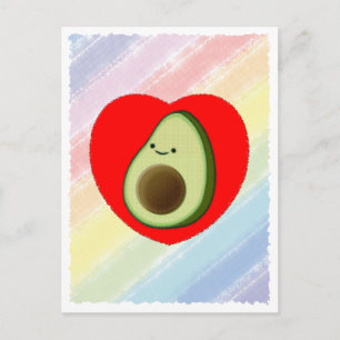 Schattigee groene avocado Cartoon in rood hart Briefkaart