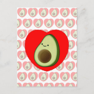 Schattigee groene avocado Cartoon in rood hart Briefkaart