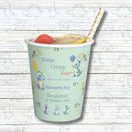 Schattigee Groene Baby Boy Dinosaurus 1e Verjaarda Papieren Bekers