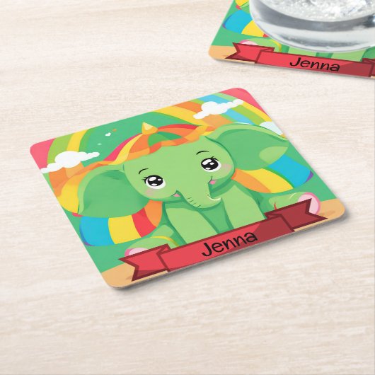 Schattigee Groene Baby Olifant Rainbow Aangepaste  Kartonnen Onderzetters (Schuin)