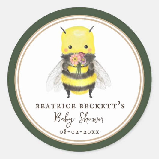 Schattigee Groene Bee en Wildflower Baby shower St Ronde Sticker (Voorkant)