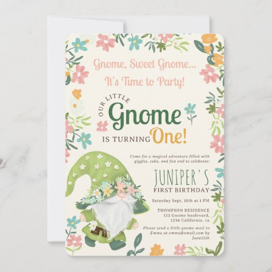 Schattigee Groene Bloemen Woodland Gnome 1e Verjaa Kaart (Voorkant)