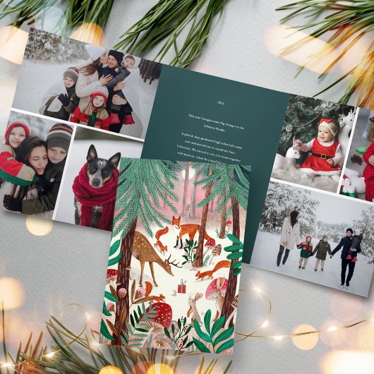 Schattigee groene bosdieren familie foto kerst drieluik uitnodiging