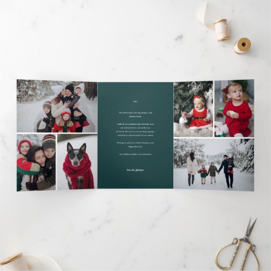 Schattigee groene bosdieren familie foto kerst drieluik uitnodiging (Binnen)