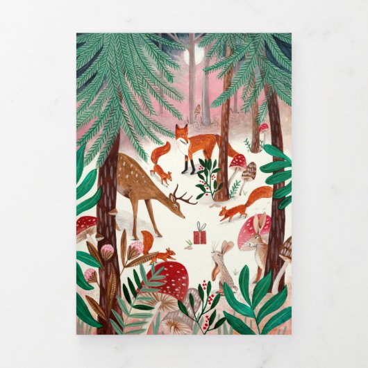 Schattigee groene bosdieren familie foto kerst drieluik uitnodiging (Cover)