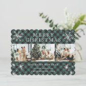 Schattigee Groene Buffalo Plaid Snowflake 3 Fotoco Feestdagenkaart (Staand voorkant)