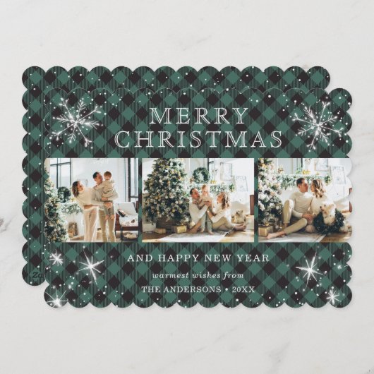 Schattigee Groene Buffalo Plaid Snowflake 3 Fotoco Feestdagenkaart (Voorkant / Achterkant)