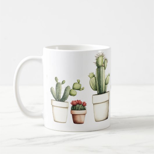 Schattigee groene cactus in potten koffiemok (Links)