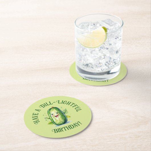 Schattigee Groene Cartoon Pickle Verjaardag Ronde Kartonnen Onderzetter (Insitu)