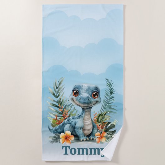 Schattigee Groene Dinosaurus Cloud Sky Boy Strandlaken (Voorkant)