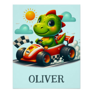 Schattigee Groene Dinosaurus in een Race Car Perfect Poster