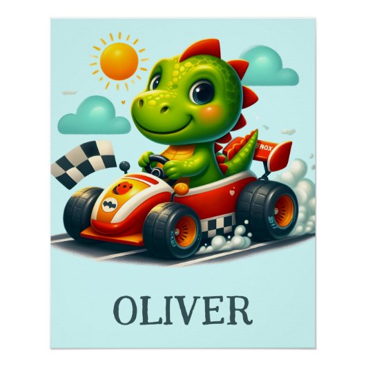 Schattigee Groene Dinosaurus in een Race Car Perfect Poster (Voorkant)