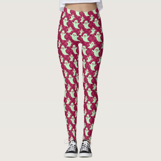 Schattigee Groene Geesten op Red Plaid Leggings (Voorkant)