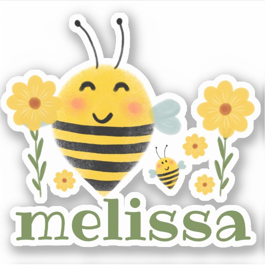 Schattigee Groene & Gele Waterverf Bijen & Naam Sticker (Voorkant)