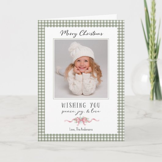 Schattigee Groene Gingham Plaid Preppy Foto Feestdagen Kaart (Voorkant)