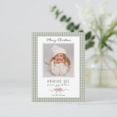 Schattigee Groene Gingham Plaid Preppy Foto Feestdagenkaart (Staand voorkant)