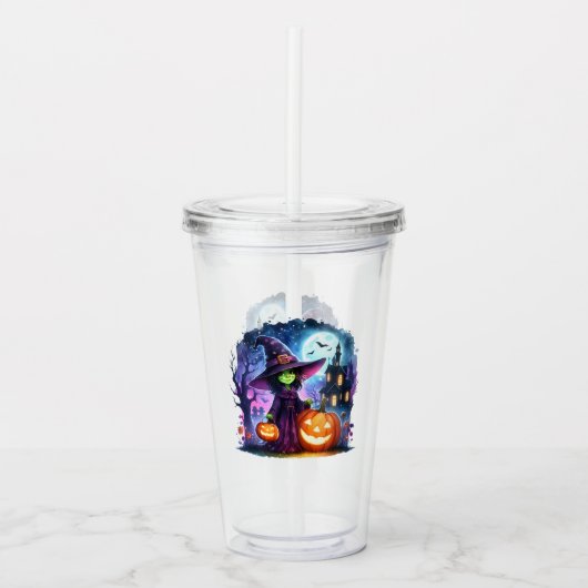 Schattigee Groene Heks Halloween Acryl Tumbler Acryl Drinkbeker (Voorkant)