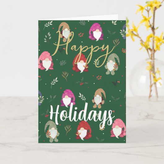 Schattigee Groene Kerst Kleurrijke Gnomen Kaart (Gele Bloem)