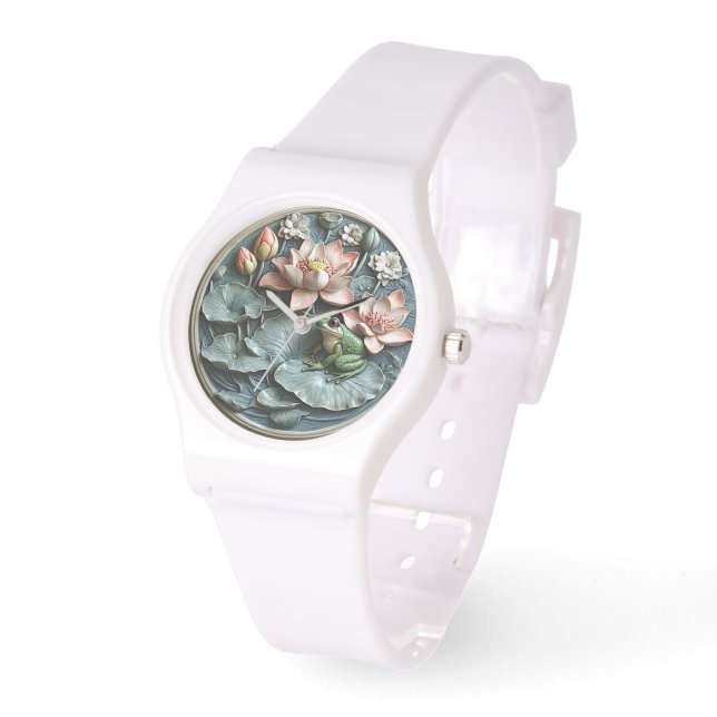 Schattigee groene kikker lelie pads roze water lel horloge (Hoek)