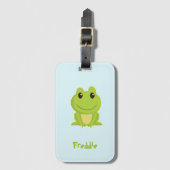 Schattigee groene kikker op blauw bagagelabel (Voorkant (verticaal))