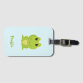 Schattigee groene kikker op blauw bagagelabel (Voorkant (horizontaal))