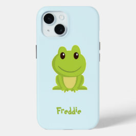 Schattigee groene kikker op blauw iPhone 15 case