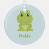 Schattigee groene kikker op blauw glas ornament (Voorkant)