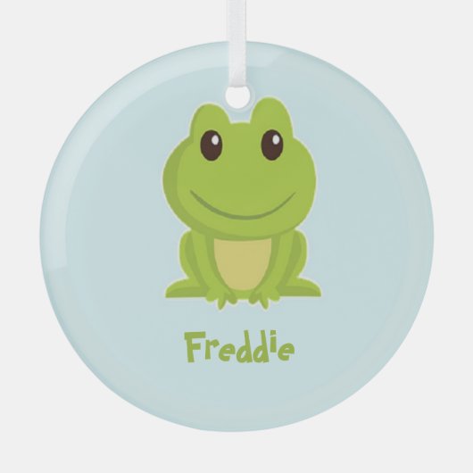 Schattigee groene kikker op blauw glas ornament (Voorkant)