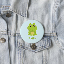 Schattigee groene kikker op blauw ronde button 7,6 cm