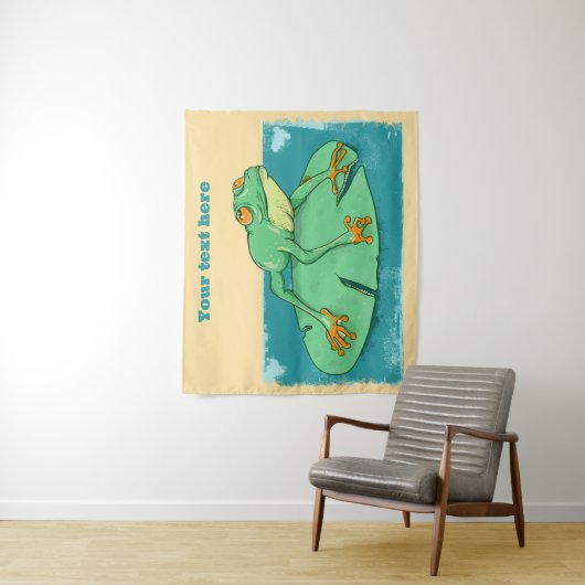 Schattigee groene kikker op een leliekussen wandkleed (In situ)