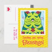 Schattigee Groene Kikkerkat met Bloemenlente Zegen Briefkaart (Voorkant / Achterkant)