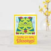 Schattigee Groene Kikkerkat met Bloemenlente Zegen Kaart (Gele Bloem)