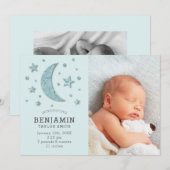 Schattigee Groene Maan en Sterren Baby Foto Geboor Aankondiging (Voorkant / Achterkant)