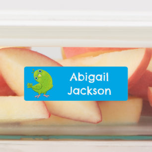 Schattigee groene nieuwsgierige parkiet cartoon ge labels