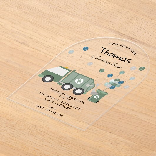 Schattigee Groene Recycling Truck Boys Voertuigen Acryl Uitnodigingen (Laagn)