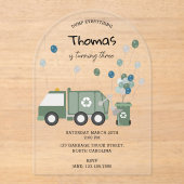 Schattigee Groene Recycling Truck Boys Voertuigen  Acryl Uitnodigingen (Voorkant)