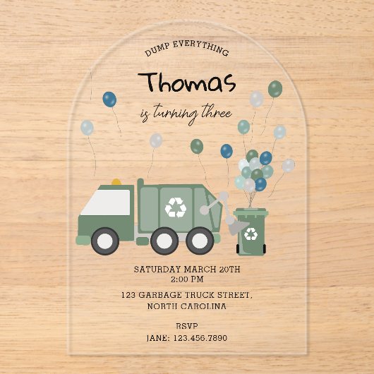 Schattigee Groene Recycling Truck Boys Voertuigen  Acryl Uitnodigingen (Voorkant)